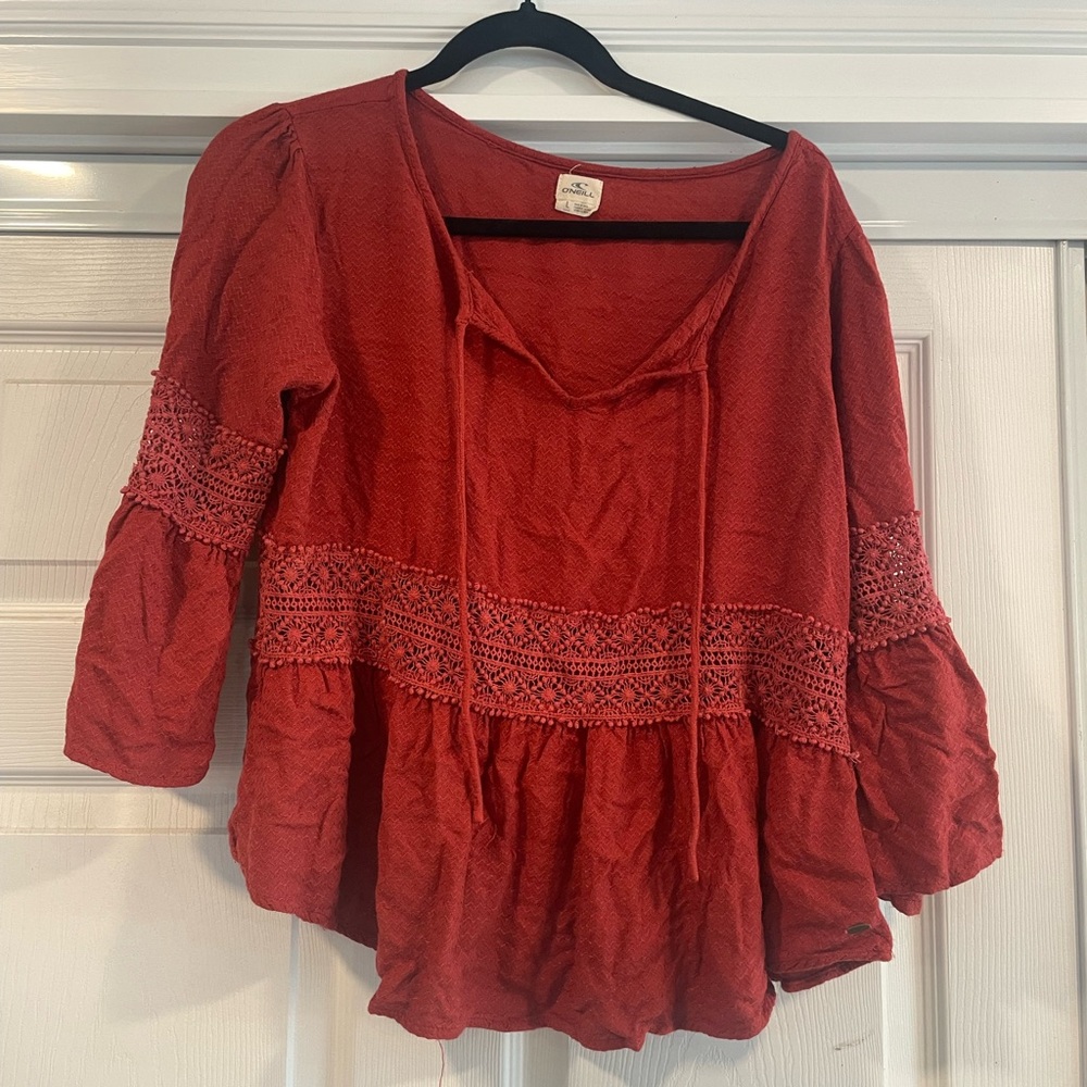 O'Neill Red Ruffled 3/4 Sleeve Blouse